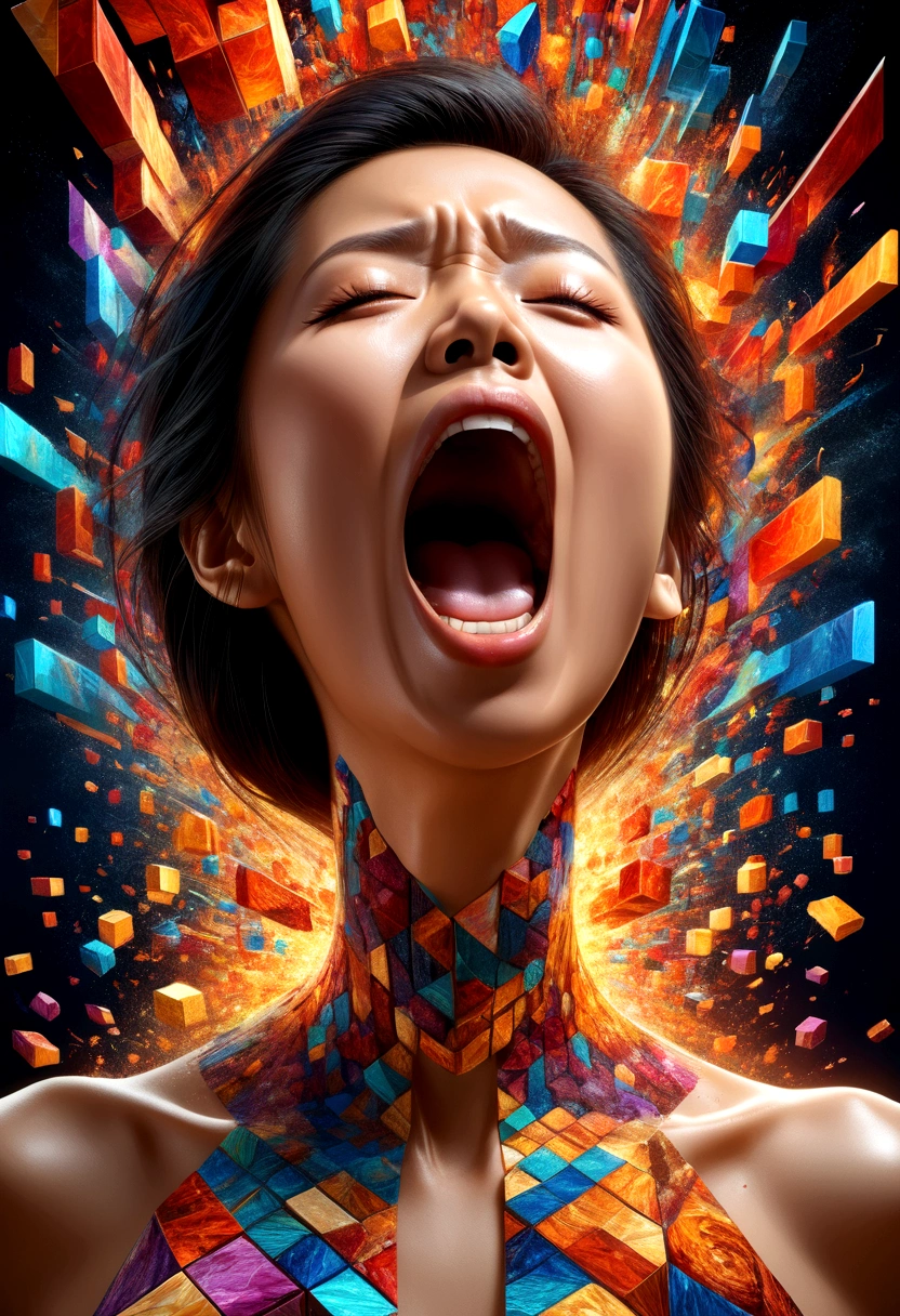 A Thai woman&#39;s face with her mouth wide open screams in pain.,Explosion of body parts into 3D cubes , Mosaic art, masterpiece, bright colors,  ,  Highly detailed, , fractal art, , 8K, geometric concept art, sharp line