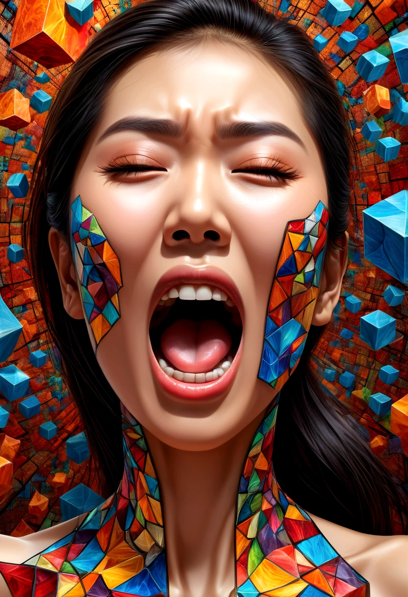 A Thai woman&#39;s face with her mouth wide open screams in pain.,Explosion of body parts into 3D cubes , Mosaic art, masterpiece, bright colors,  ,  Highly detailed, , fractal art, , 8K, geometric concept art, sharp line