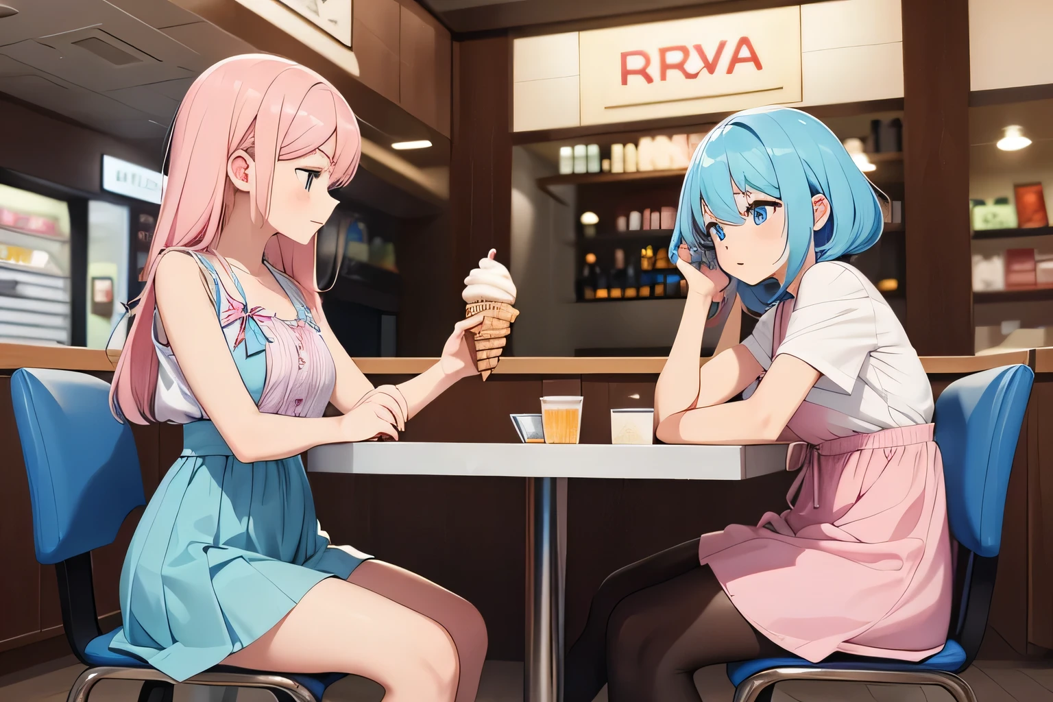 Two Girls, the "Left Girl with Long Light Pink Hair and Casual Short Outfit, FOCUS ID IMAGE CPIFKKTE878C73D78QEG", and the "Right Girl with BIG CHEST, Small Blue Hair and Clothing a LOW-CUT DRESS, FOCUS ID IMAGE CPIGA65E878C73ETEKU0"; are sitting on chairs in an ice cream shop in a shopping mall. The Girl with Light Pink Hair is EATING an Ice Cream and the Blue Hair Girl is SLEEPING Leaning On The Table.