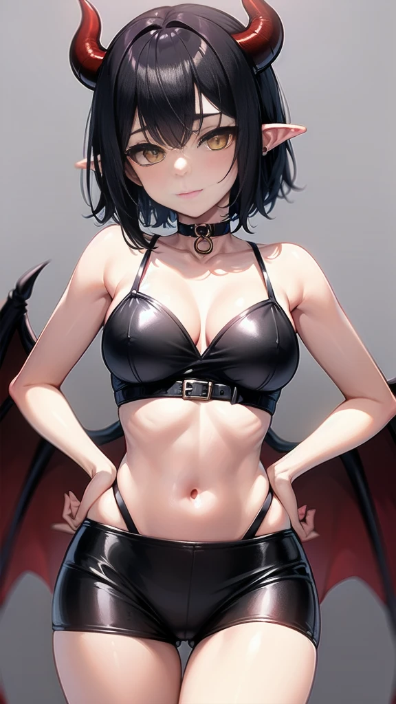 Devil Girl, Black Hair, Pointed Ears, Yellow Eyes, short hair, choker, , Devil horns, Devil's Tail, Red Corner, break (Sticking out tongue:1.2, Black mini skirt:1.2, Gold Bikini:1.5, Gold Micro Bikini, shirt:1.2), (Red skin:1.8), Shiny skin, On the bed, pillow, break large breasts, Wide Hips, Open your mouth, Nipples, Happy, smile, Blushing, Breath Cheek, Sweat, Take off, break (Focus on the girl),(High school girl uniform:1.7)