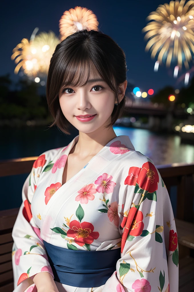 (8K、RAW Photosgraphy、Highest quality、masterpiece:1.2)、(Realistic、Photorealistic:1.37)、Ultra-high resolution、One Girl、cute、solo、night、Sitting、date、(Nose redness)、(Laughter:1.1)、(Closed)、huge 、Beautiful Eyes、(short hair:1.2)、(((Fireworks bursting into the sky、night)))、(((kimono、yukata)))、Cleavage、Perfect body、Perfect Fingers、Professional Lighting、Japanese Goddess、gravure、Detailed face and skin texture、Detailed eyes、RAW Photos