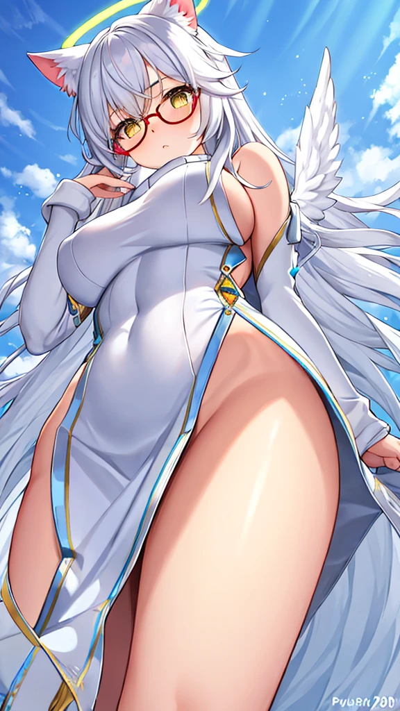 A 20-year-old female angel with long, white hair, yellow eyes, white cat ears, and large white angel wings. yellow halo ring round white glasses White turtleneck, halter, backless turtleneck sweater, purekiller sweater. short white dress White wide arm warmers, standing, looking down