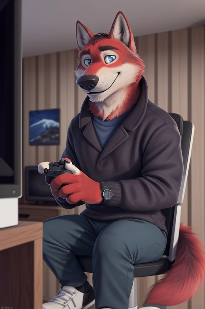 Ivan Fedorovich Wolfbach (Novosibirsk) ,tall handsome, wolf,young, 24 years, brown fur,Kind,(red body:1.3),beautiful blue eyes,Novosibirsk,dressed,sweater, ,trousers,shoes,самый Kind, canine, wolf, detailed fur, male, antro, paw pads, finger claws,at viewer, 5 fingers, paws, 5 fingers, smile, wrist watch, т nextel,by xenoforge, (difficult, high detail, digital photography, soft focus, RAW species палаты ,very close to the camera, species,Novosibirsk, smile, a good mood, positive, very close to the camera,Houses, sitting in a chair, writes, poetry, hall, television, gaming console,
Photorealism, realistic, photorealistic, digital style, Subsurface scattering,Looking at the viewer, holds, handle,
masterpiece, Best quality, ultra realistic, 8 k)