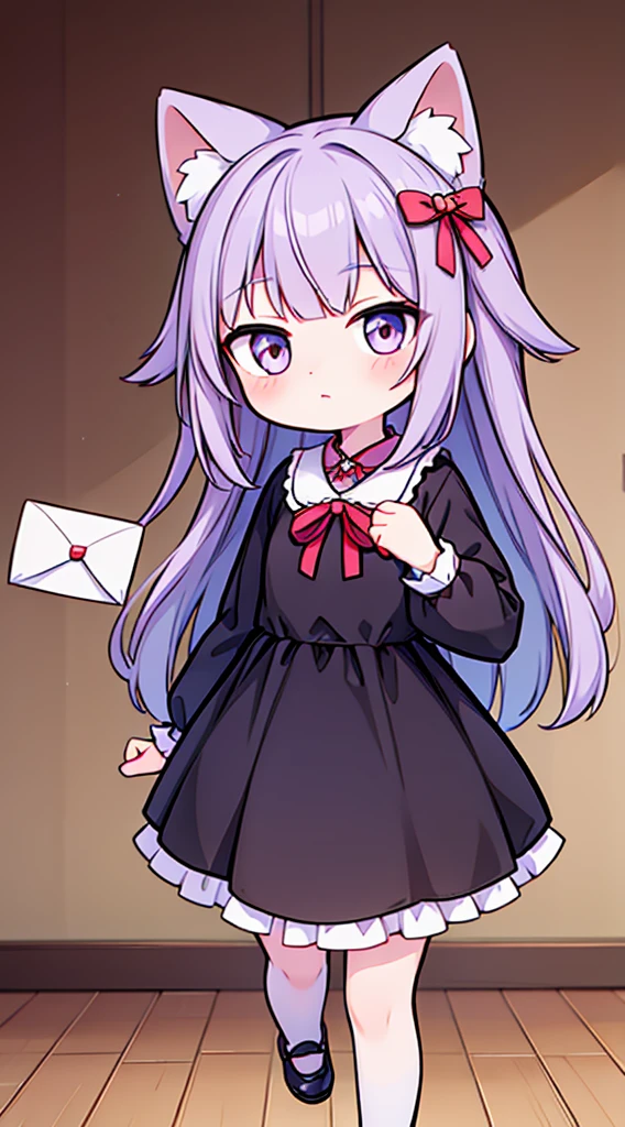 An adorable Loli wolf girl, holding a written letter "WELCOME", wearing a noble dress with ruffles and bows, with noble shoes, ribbons in hair, a tiara on the head, Full HD, 4K, no blur.