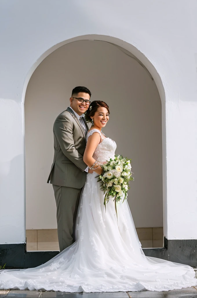 The girlfriend and the boyfriend posing for a photo in front of a white building, wedding photo, in front of a white background, couple portrait, The girlfriend and the boyfriend, couple portraits, Happy couple, wedding photography, adorable couple, professional wedding photography, Tomada con Canon 5D MK4, couple pose, wedding, photo taken with nikon d750