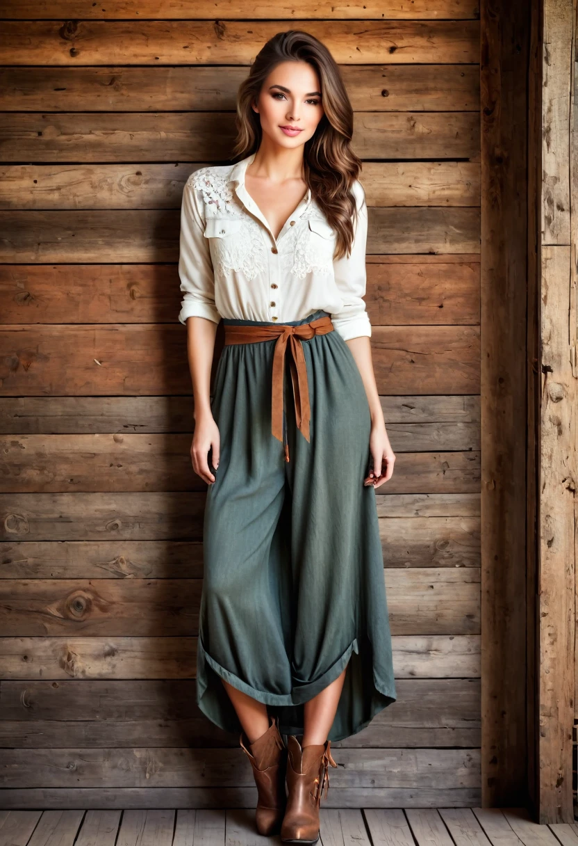 Beautiful woman, beautiful style ,Rustic style, full length
