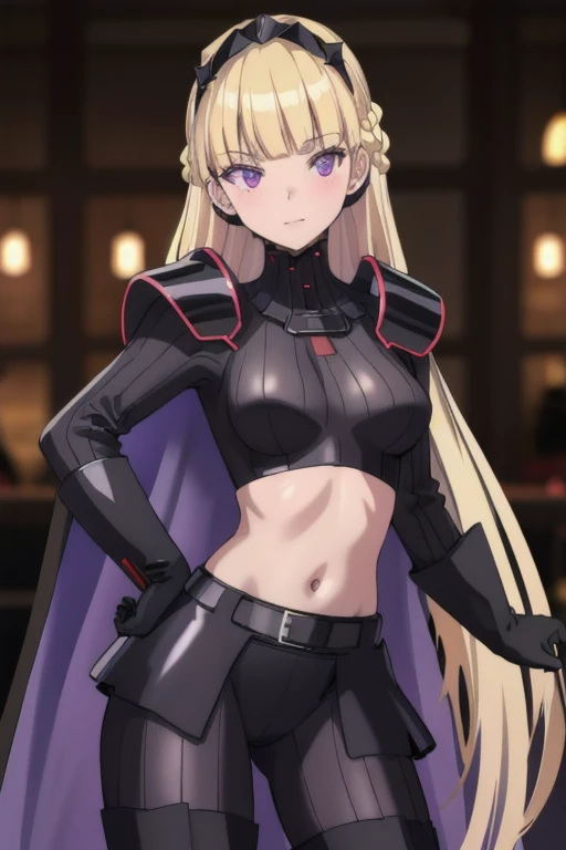 8k,highres,absurdres,masterpiece,best quality,original,extremely detailed CG,extremely detailed wallpaper,perfect lighting,1girl,solo,blurry_background,looking_at_viewer,
AmSW,long hair,blonde hair,black gloves,purple eyes,black hairband,cape,black bodysuit,medium breasts,braid,blunt bangs,