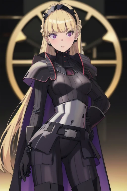 8k,highres,absurdres,masterpiece,best quality,original,extremely detailed CG,extremely detailed wallpaper,perfect lighting,1girl,solo,blurry_background,looking_at_viewer,
AmSW,long hair,blonde hair,black gloves,purple eyes,black hairband,cape,black bodysuit,medium breasts,braid,blunt bangs,
