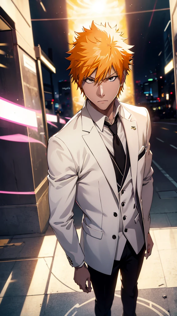 Top Half body, (masterpiece, best quality:1.2), solo, 1boy, Ichigo Kurosaki, Bleach, looking at viewer, official art, extremely detailed CG unity 8k wallpaper, perfect lighting, (masterpiece:1.0),(best_quality:1.0), ultra high res,4K,ultra-detailed, photography, 8K, HDR, highres, absurdres:1.2, bokeh:1.2, lens flare, (vibrant_color:1.2), white Tuxedo suit, Groom suit, full body, Gala dinner, hand in pocket