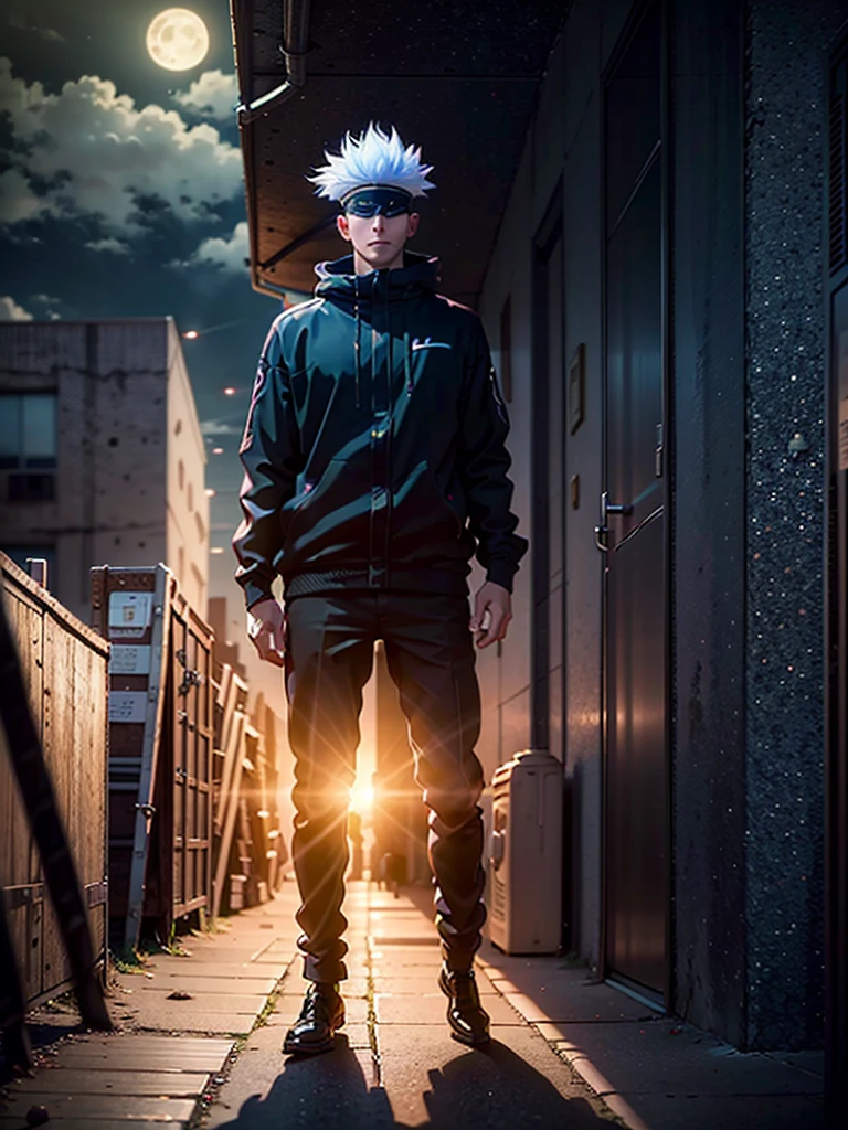 1boy, full body shot, perfect hand and fingers, satoru gojo, blindfold, black outfit, white hair, look at sky, smirk, red and blue moon city night background, wallpaper, cinematic,High resolution 8K, Bright light illumination, lens flare, sharpness, masterpiece, top-quality, The ultra -The high-definition, high resolution, extremely details CG, Anime style, Film Portrait Photography,masterpiece,hyperdetail