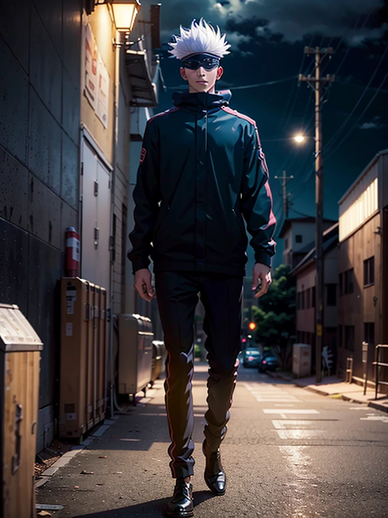 1boy, full body shot, perfect hand and fingers, satoru gojo, blindfold, black outfit, white hair, look at sky, smirk, red and blue moon city night background, wallpaper, cinematic,High resolution 8K, Bright light illumination, lens flare, sharpness, masterpiece, top-quality, The ultra -The high-definition, high resolution, extremely details CG, Anime style, Film Portrait Photography,masterpiece,hyperdetail