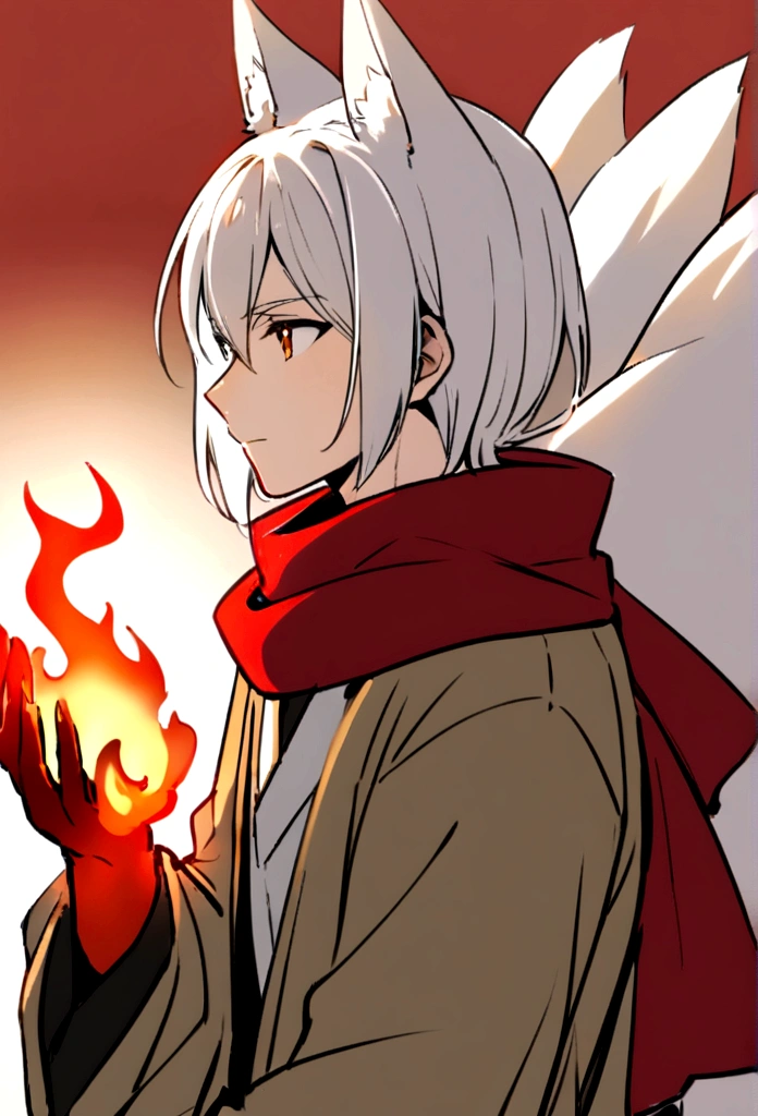 Male,kitsune,White hair,red scarf,fire in hand,looking forwards