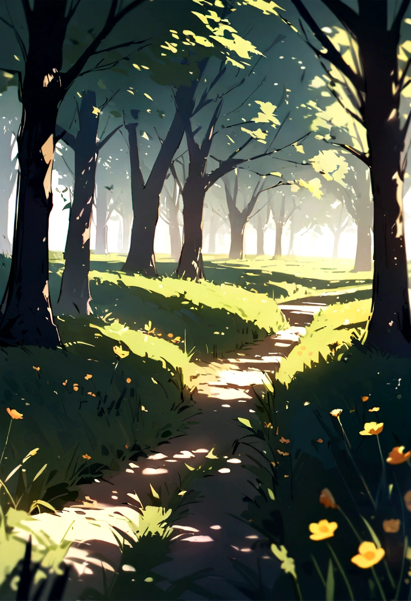 Prairie, field meadow, a few trees in the distance, mottled light and shadow, beautiful, masterpiece