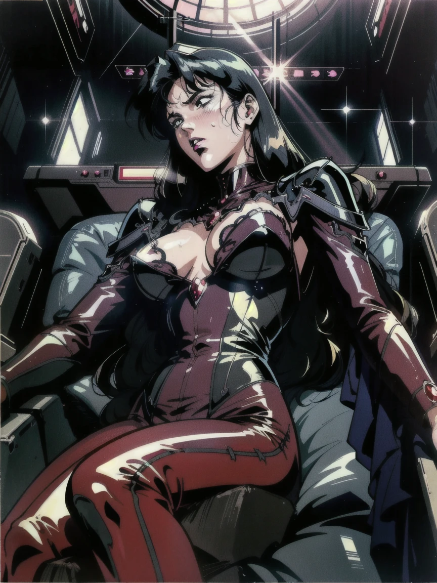 ((((retro anime)) of a gothic vampire sitting)), ((gothic ruby cockpit)), ((from below)), (80 fov), ((gothic ((control panels)) everywhere)), ((mature)), ((vampiric)), (iridescent bodysuit), lace accessories, dark big lips, ((baroque pilot seat)), ((((lying back pose)))), ((elegant)), (((serious tone))), futuristic, top spacecraft control panel, ((dark cockpit)), intricate control panel details, 1990s (style), [blushing], (sweat), masterpiece, (claustrophobic), sparkles, limited colors