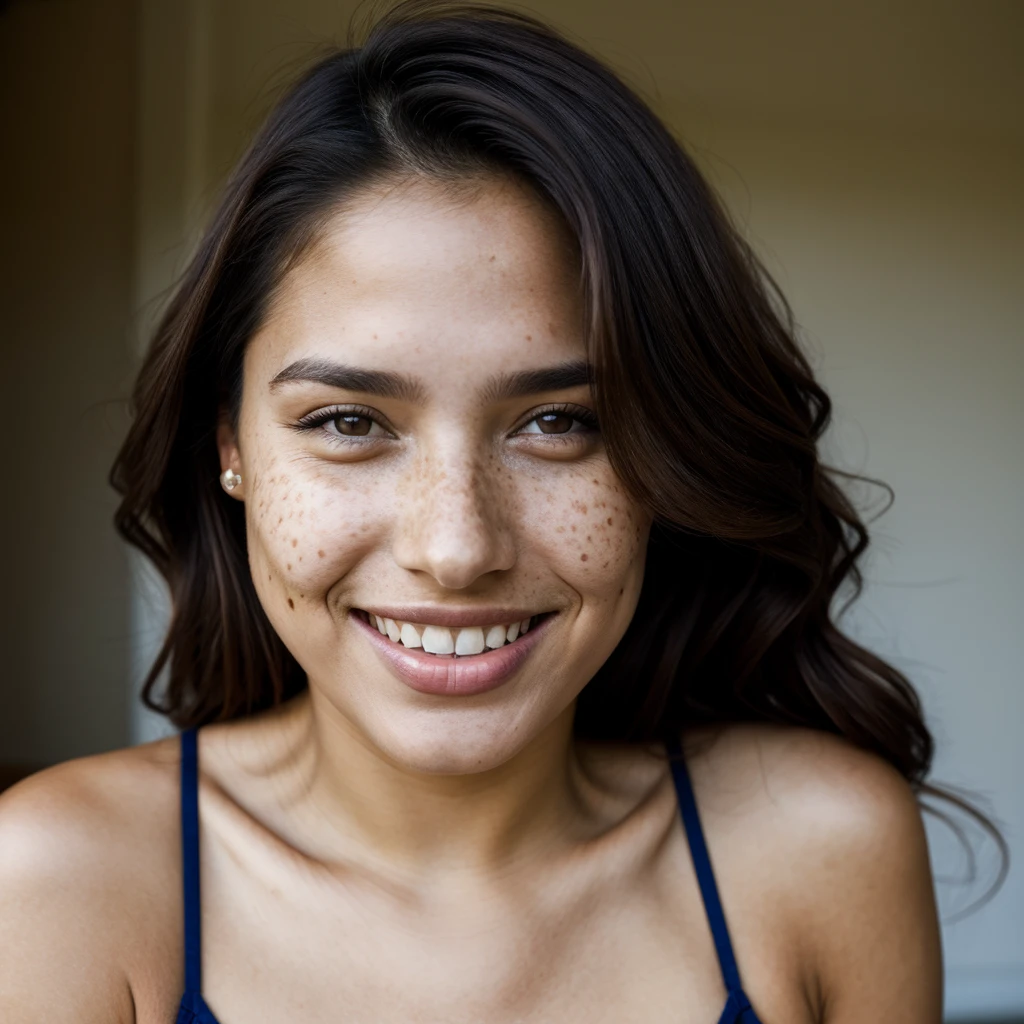 (one-1-person:1.2), beautiful latin lady, freckles, big smile, dark makeup, hyperdetailed photography, soft light, head and shoulders portrait, cover