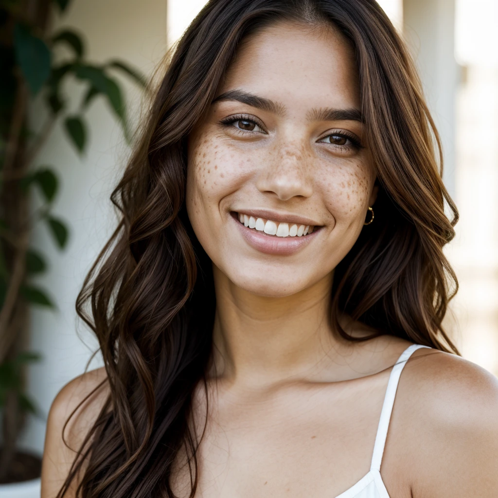 (one-1-person:1.2), beautiful latin lady, freckles, big smile, dark makeup, hyperdetailed photography, soft light, head and shoulders portrait, cover