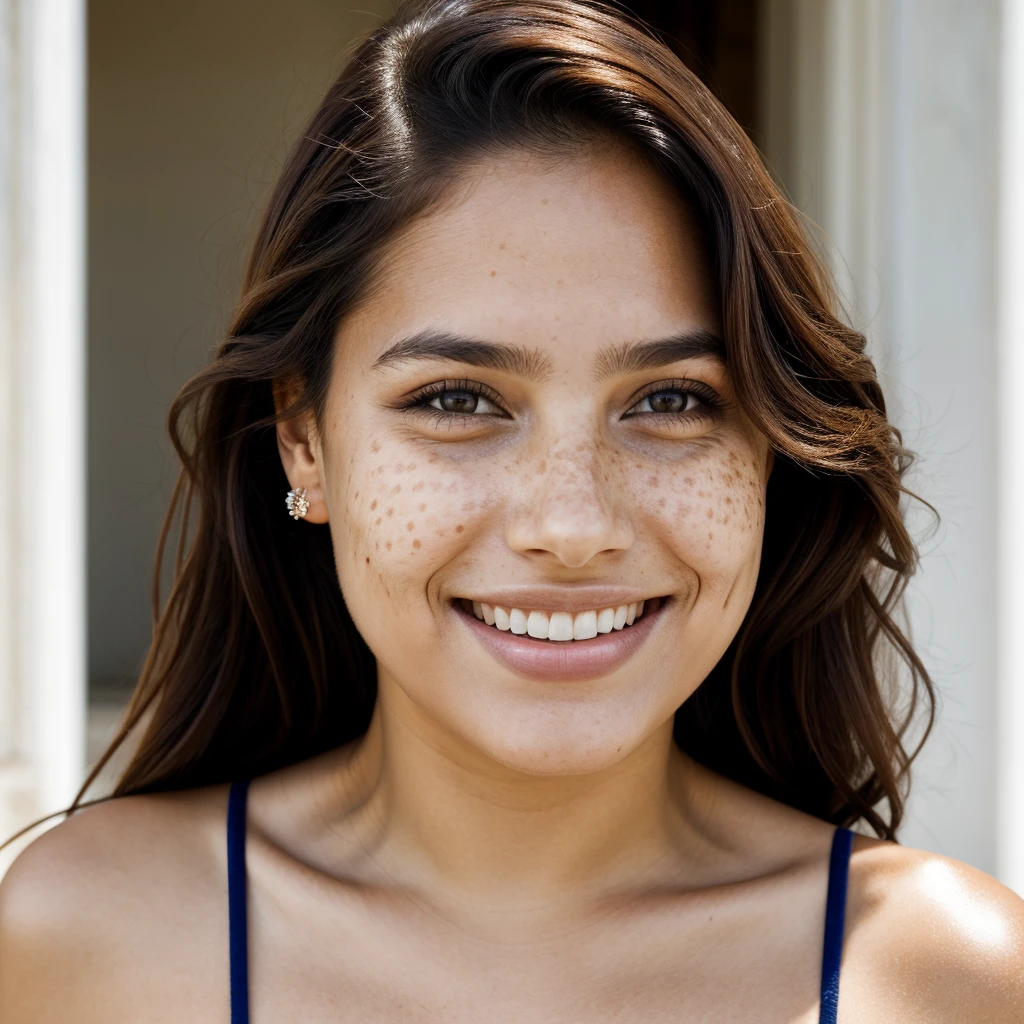 (one-1-person:1.2), beautiful latin lady, freckles, big smile, dark makeup, hyperdetailed photography, soft light, head and shoulders portrait, cover