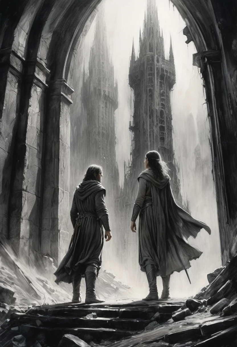 stunning black and white graphite sketch of The Two Towers, panaramic shot, from The Lord Of The Rings trilogy, in dynamic pose, by Anna Razumovskay, (by Alyssa Monks:1.1), by Joseph Lorusso, by Lilia Alvarado, beautiful lighting, sharp focus, 8k, high res, (pores:0.1), (sweaty:0.8), Masterpiece, Nikon Z9, Award - winning photograph, --ar 16:9 --style raw --stylize 750 --niji 6, perfect composition, beautiful detailed intricate insanely detailed octane render trending on artstation, 8 k artistic photography, photorealistic concept art, soft natural volumetric cinematic perfect, wide angle view 