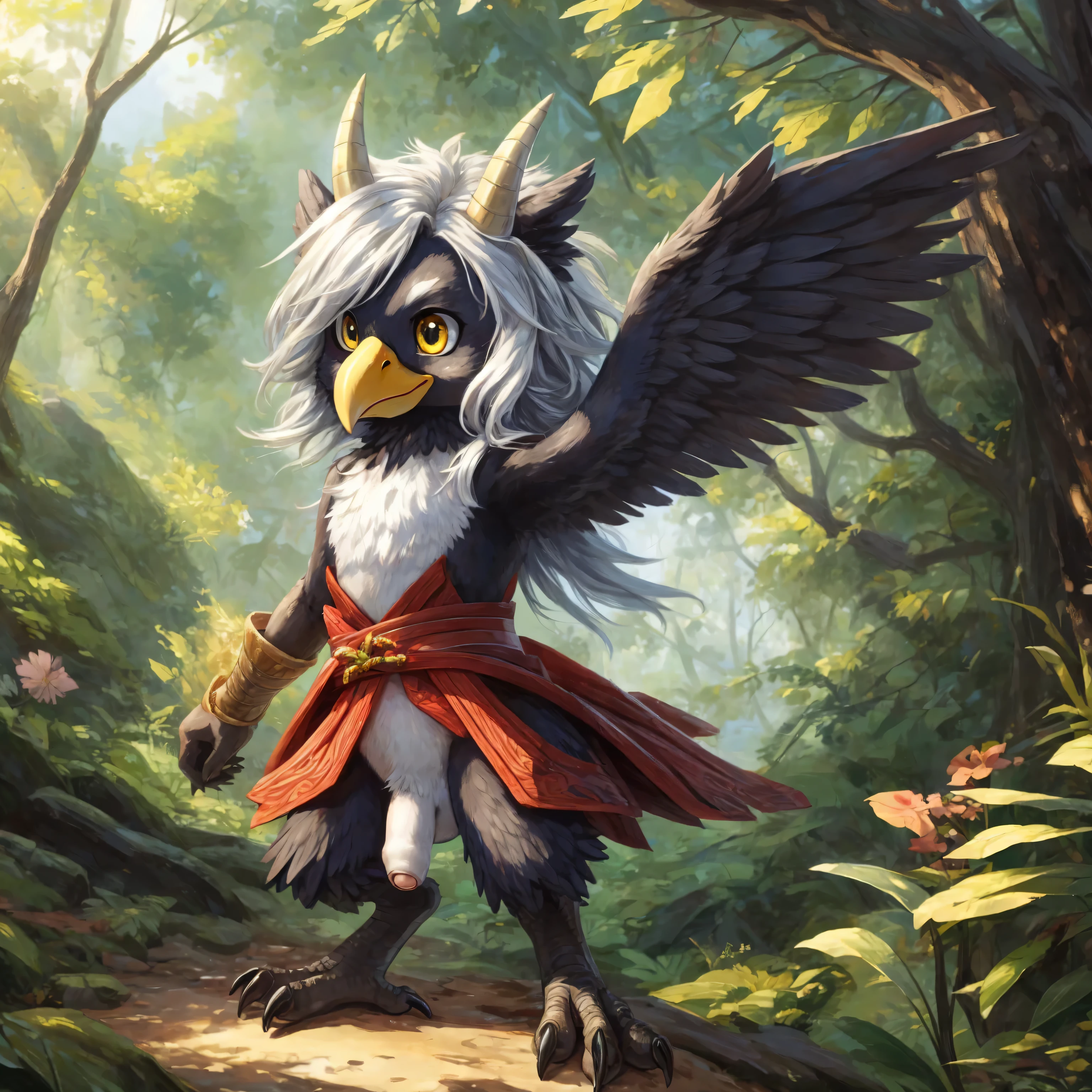ultra-detailed, masterpiece, masterwork, high quality, best quality, hdr, (nature, japanese style), nsfw, male, solo, avian, chibi, (nude), (white little body crow), (long silver hair, beak, detailed yellow eyes, tsurime), horn, dynamic angle, (micropenis, foreskin, perfect balls), Hands and wings in one piece, cross your arms