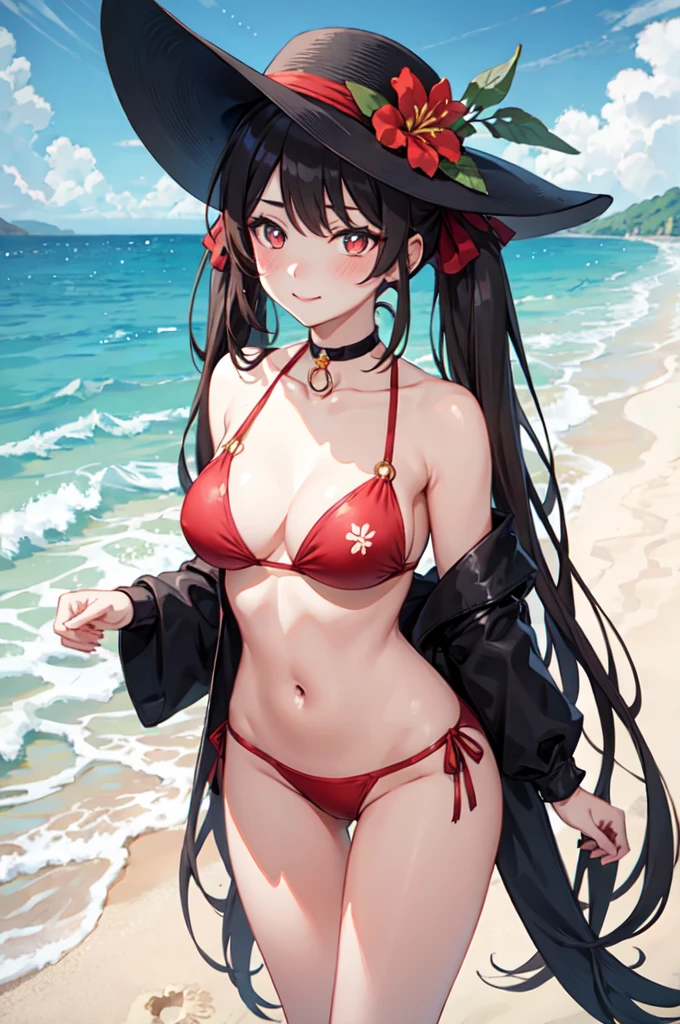 hd,8k,ultra qualty,1girl, ((solo)), hutao_genshin, standing, neck bell, flower, bare arms, very long hair, long hair, twintails, brown hair, red eyes, stomach, cleavage, choker, sidelocks, symbol-shaped pupils, smile, closed mouth, bikini, on stomach, ((flower-shaped pupils)), red bikini, navel, red flower, black choker, bare shoulders, hair ornament, strap slip, hair flower, thighs, day, outdoors, thigh gap, plum blossoms, bell, blush, looking at viewer, ((sky)), blue sky, (beach), sea, sand, ((black headwear)), black hat, black chinese hat,