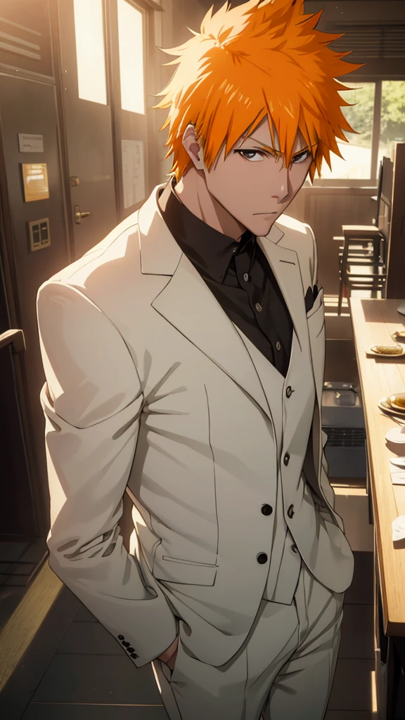 Top Half body, (masterpiece, best quality:1.2), solo, 1boy, Ichigo Kurosaki, Bleach, Orange hair, looking at viewer, official art, extremely detailed CG unity 8k wallpaper, perfect lighting, (masterpiece:1.0),(best_quality:1.0), ultra high res,4K,ultra-detailed, photography, 8K, HDR, highres, absurdres:1.2, bokeh:1.2, lens flare, (vibrant_color:1.2), white Tuxedo suit, Groom suit, full body, Gala dinner, hand in pocket