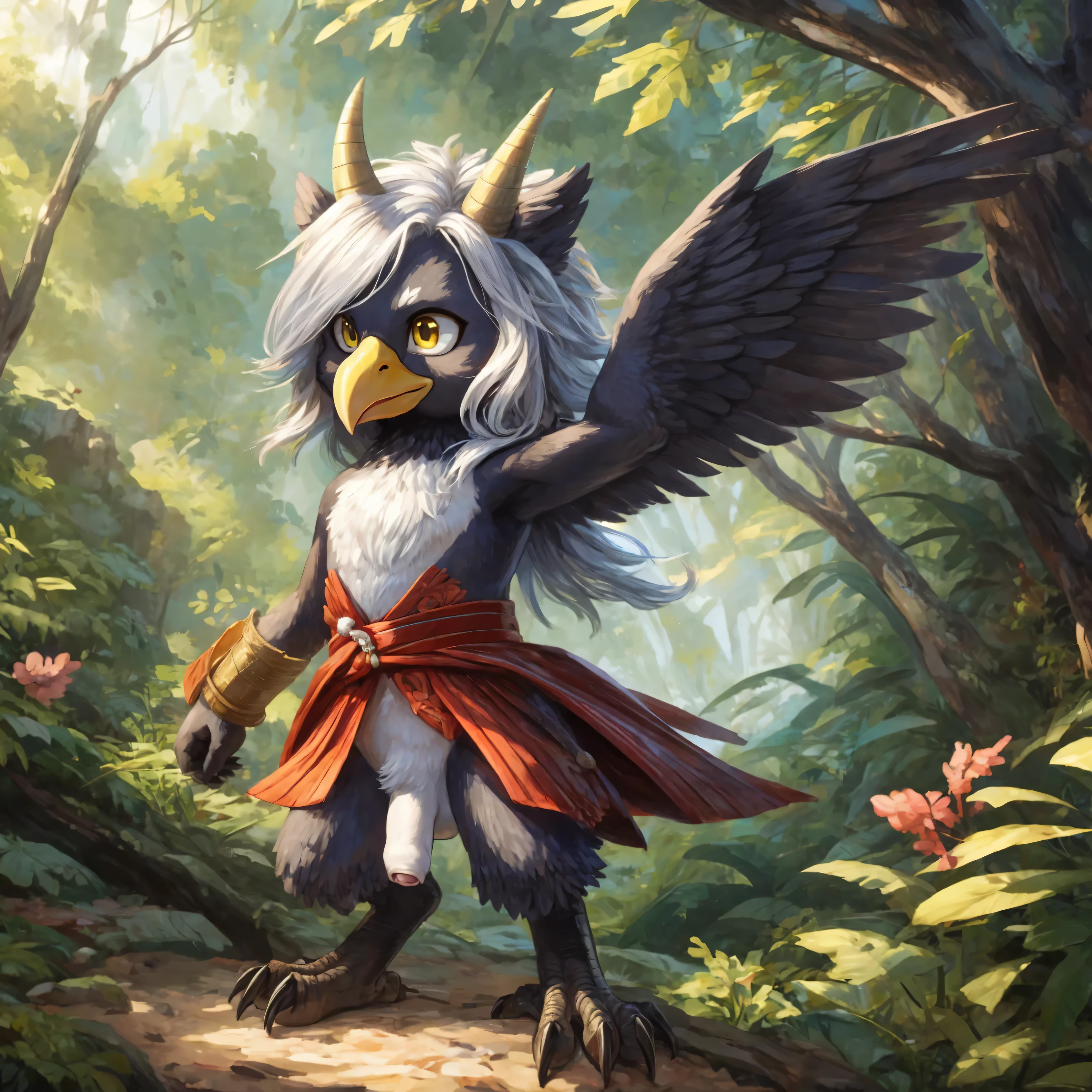 ultra-detailed, masterpiece, masterwork, high quality, best quality, hdr, (nature, japanese style), nsfw, male, solo, avian, chibi, (nude), (white little body crow), (long silver hair, beak, detailed yellow eyes, tsurime), horn, dynamic angle, (micropenis, foreskin, perfect balls), Hands and wings in one piece, cross your arms