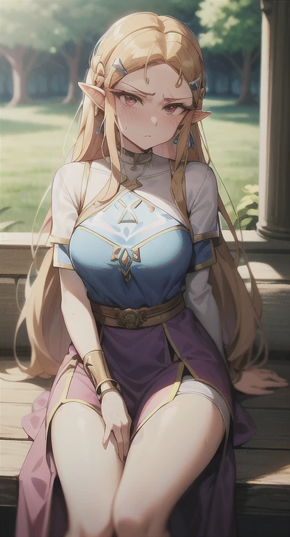 Sweating, Princess Zelda, park, dress, looking annoyed,
