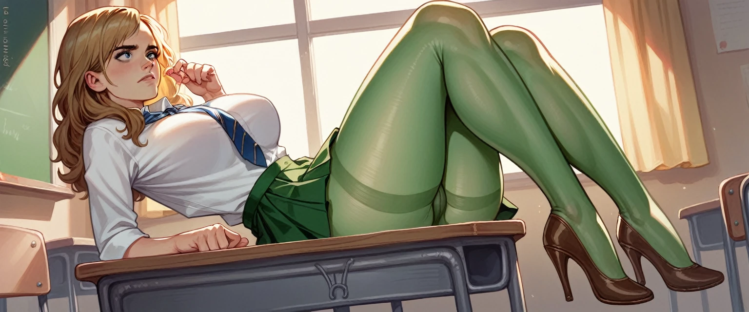 Full-length view, (Emma Watson as Hermione Granger), skinny young woman, 20yo, huge breast, FULL DETAILED LONG GREEN PANTYHOSE, tyny miniskirt showing crotch, high heels, sun light, classroom