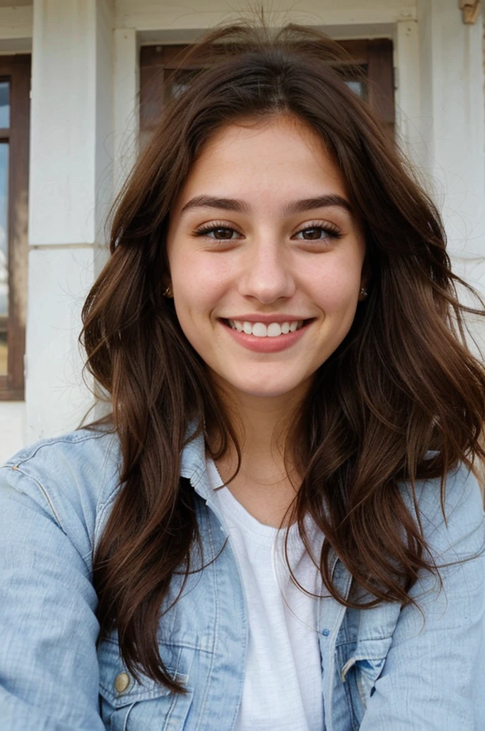 one cute women, 20YO, white, Arab, cute face, realistic brown eyes, blue jacket, brown hair, cute smile, skinny face, white realistic teethes, big eyes, long hair