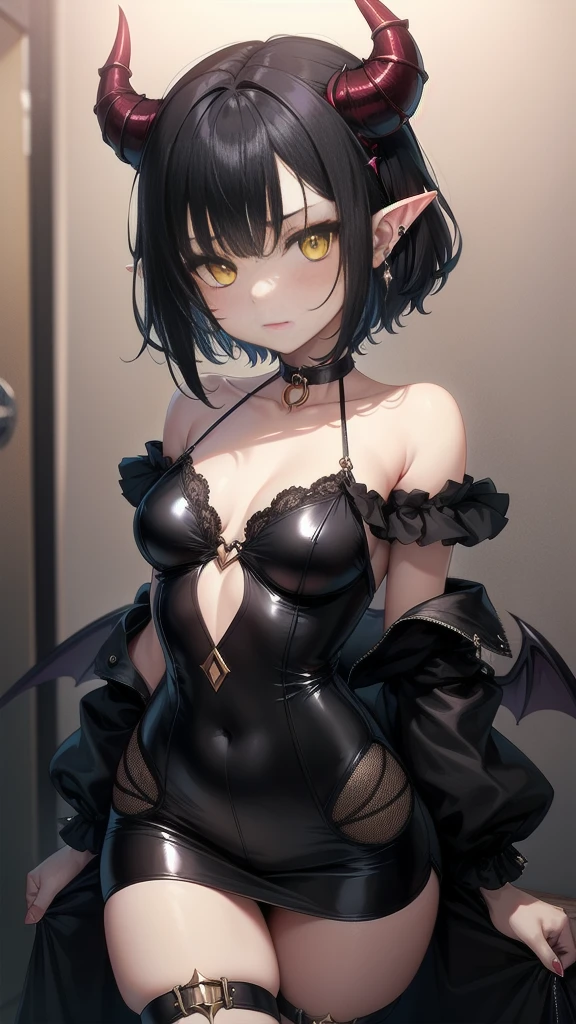 Devil Girl, Black Hair, Pointed Ears, Yellow Eyes, short hair, choker, , Devil horns, Devil's Tail, Red Corner, break (Sticking out tongue:1.2, Black mini skirt:1.2, Gold Bikini:1.5, Gold Micro Bikini, shirt:1.2), (Red skin:1.8), Shiny skin, On the bed, pillow, break large breasts, Wide Hips, Open your mouth, Nipples, Happy, smile, Blushing, Breath Cheek, Sweat, Take off, break (Focus on the girl),(High school girl uniform:1.7)