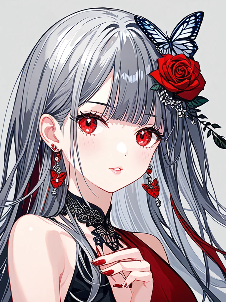 solo, 1girl, aesthetic, portrait, simple background, grey background, eye focus, looking at viewer, parted lips,red rose eyes, eyelashes, silver deep gray coloured hair, red rose hair inner part  multicolored hair, gray hair, silver hair, glossy gray hair, long hair, straight hair and haircut, straight bangs, strictly cutted bangs, red ross nails, nail polish, earrings, sideways, red rose gemstone, orb, red rose butterfly