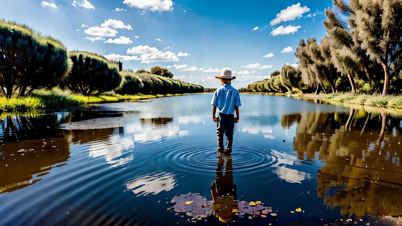work of art, Great, floorteiro, 1 person, mascle, youth, adolescent, magician, slimification, Leprechaun, black hair, Short hair, gray pupils, white manto, relax, detailed wetland background, blue sky, floor,
