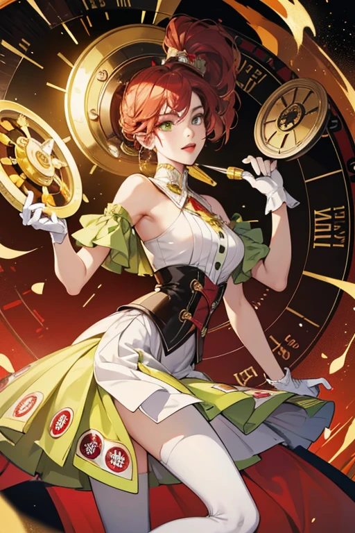 Pirouletta is an anthropomorphic roulette wheel with a long nose, red lipstick, green arms and red legs. She wears white gloves and a pair of yellow shoes with light yellow trims. Her "mouth" is not visible when closed, but she rarely opens it other than on her death screen and when she grits her teeth. She has a metallic yellow body with a light yellow ring on the waist and a helm with a large hole on the center on the top of her head. On her hips there's the wheel, which has the colors of a roulette machine: the first layer has green squares, the second has the classic red and black squares and the third has brown squares on it. SPARKLE; GLITTER