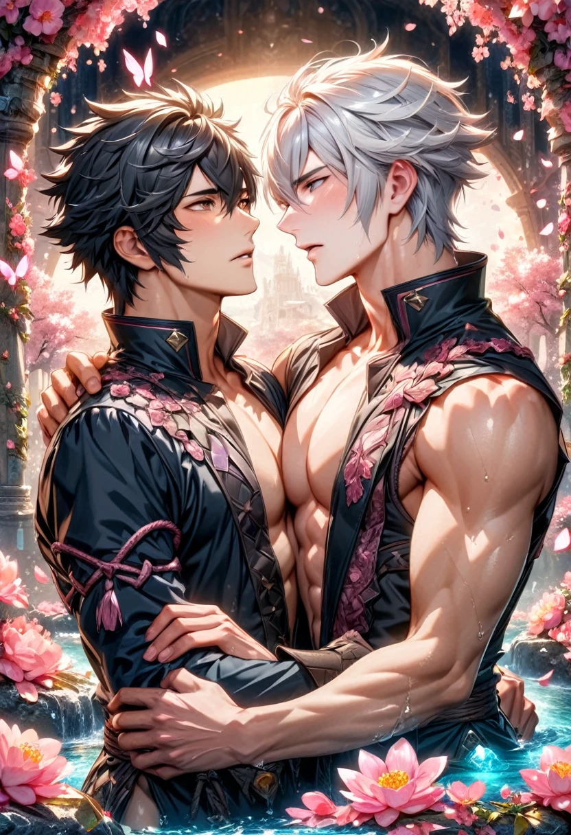 absurdres, highres, ultra detailed, HDR, master piece, best quality, Robin, white hair, short hair, hair between the eyes, expressive brown eyes, fire emblem awakening, Lon'qu, black hair, expressive gray eyes, two sexy men together, yaoi, gay couple, handsome, toned chest, black tunic, magical, fantasy, shining, water, pink flowers, pink blossoms, pink butterflies, pink petals