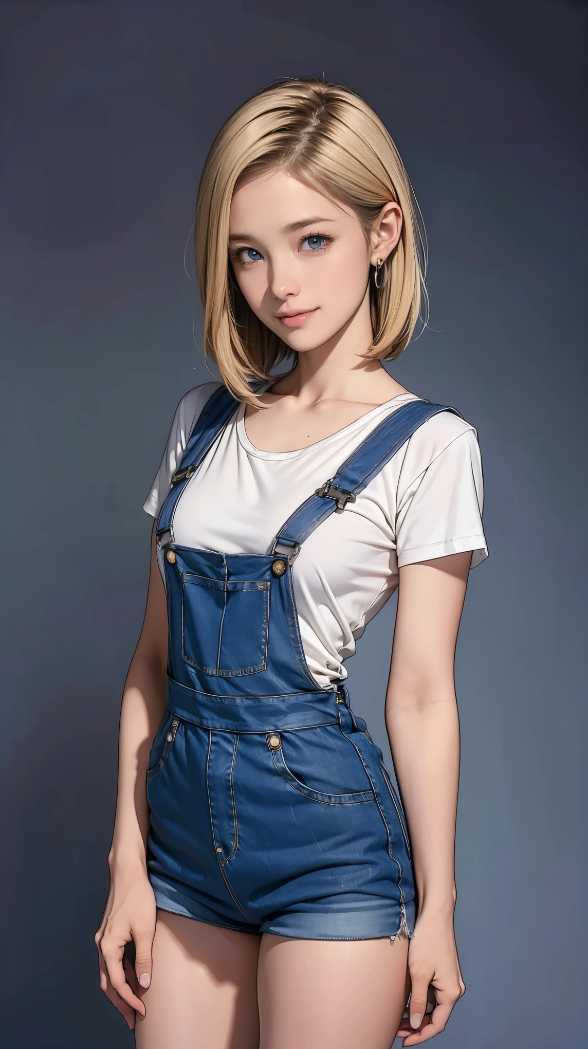 ((masterpiece)),(((Highest quality))),((Character design sheet)),Thin thighs,Long legs,Android 18, alone, blonde, blue eyes, short hair, Cute Smile,Earrings, jewelry, Medium Milk,Please wash your hands, Wear denim fabric overalls:1.5, No shirt,Photo of slim girl model, Close-up body shot,street, (External thoracic expansion: 1.2)