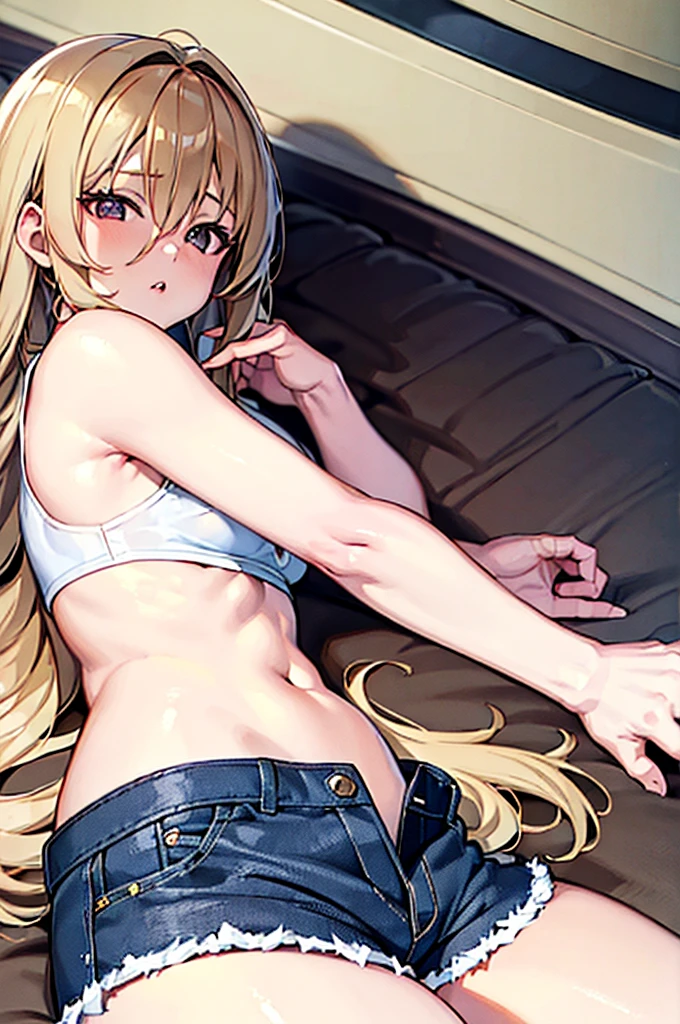 A anime girl, milky white skin, light brown hair, lying down on a bed on her stomach, wearing black jean booty shorts, with a white crop top