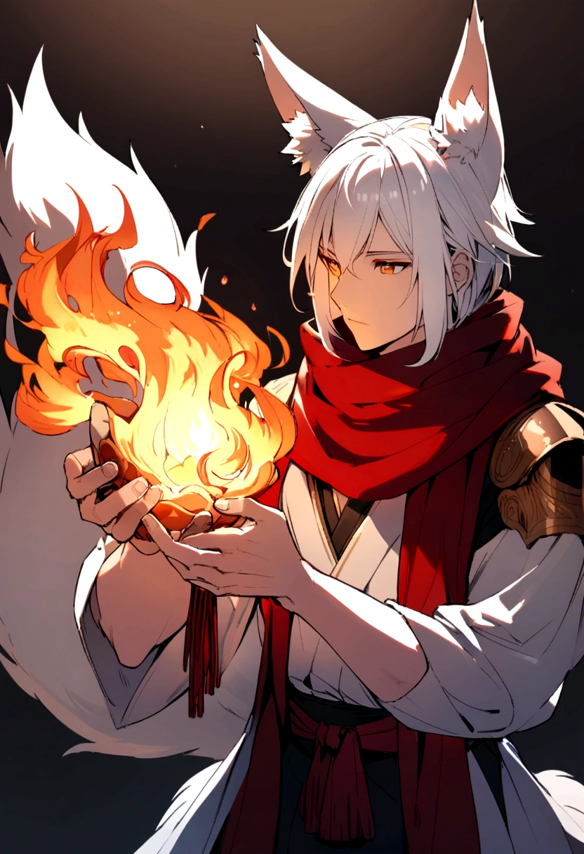 Male,kitsune,White hair,red scarf,fire in hand,looking forwards