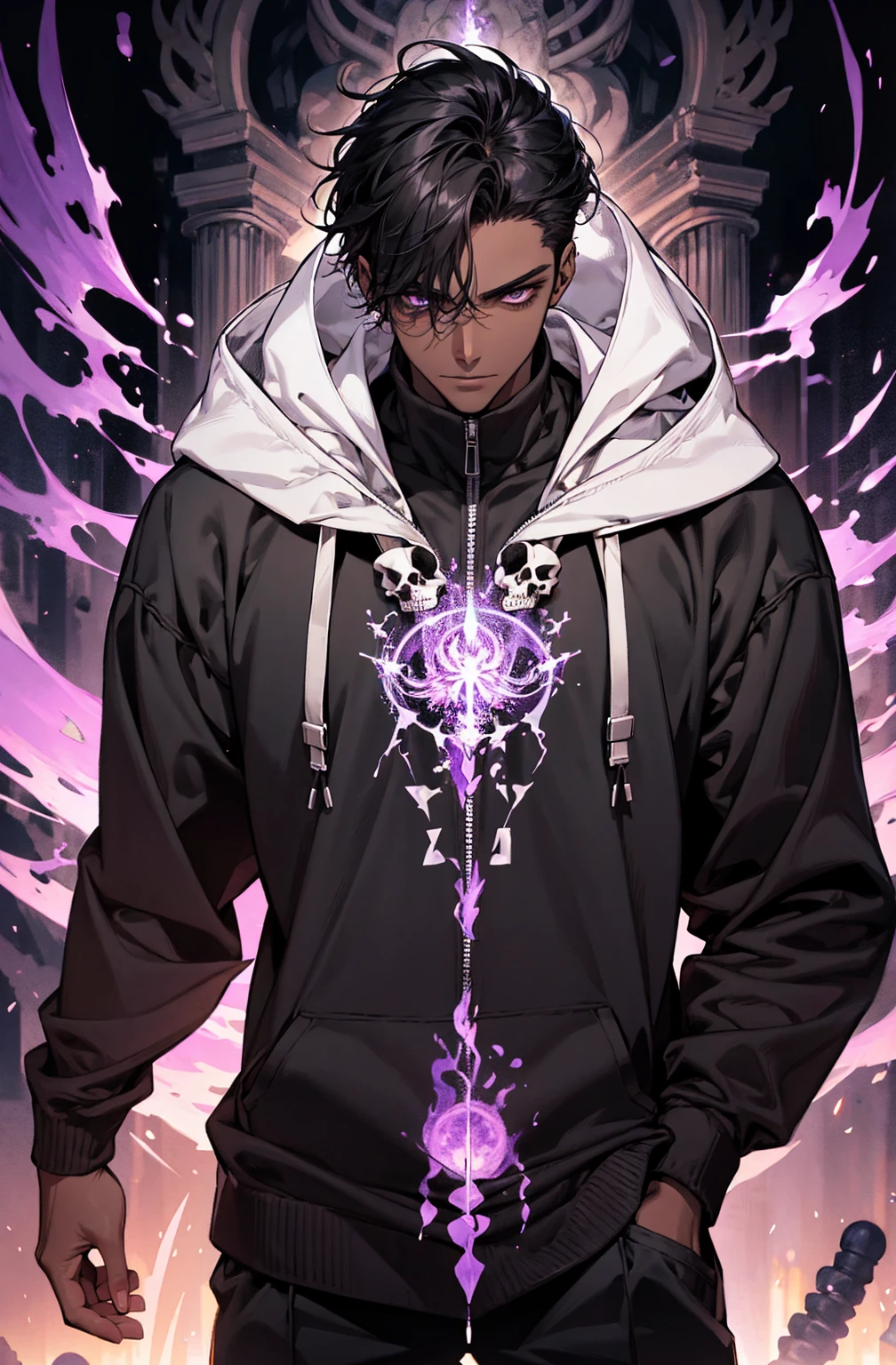 male with bones, looking away from camera, skulls, bones, handsome, black, dark skin, tall, broad shoulders, black hair, purple, purple fire, magic, detailed face, fantasy, hoodie