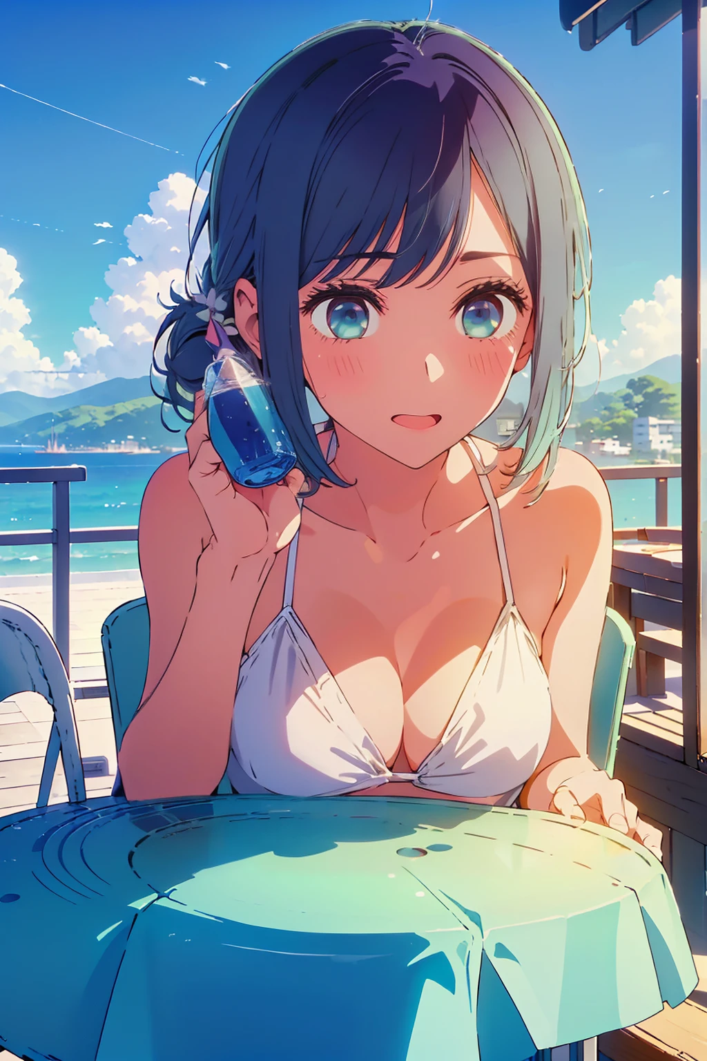 (Highest quality:1.4、8K:1.4、detailed)、F cup bust、Big Breasts、Slim body、Very white beautiful skin、((((1 person、Surprised expression、sit、Chair、In the background are the urban buildings of Tokyo、looking at the camera、Outdoor café terrace、coastal、Navy hair color、White side string high leg bikini、Shooting up close、table、Very cute face))))、(Low ponytail:1.4、Drink juice:1.4)、Very blue sky、A completely cloudless sky