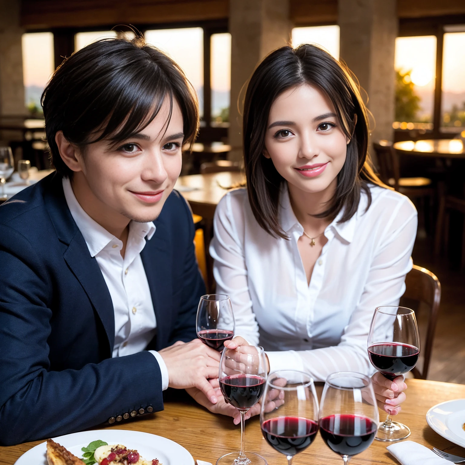 ((Highest quality、8K、masterpiece:1.3))、 (Genuineistic, Genuine、Bright image、Intricate details:1.2), 最高のsmile、1 male、1 female、Beautiful couple、spouse、fiancee、Good friends、actress couple、smile、Full-course dinner at a packed table、 (Slim face), (the body is slim), (Brown Hair), (short hair), テーブルのwine glass、Please shine a light on my face、 Amazing view of the sunset sky and clouds、 (42 years old)40 years old, red wine 、Appetizers、Wine bottle、sparkling wine、Long sleeve shirt、dress、White wine, red wine, wine glass, 