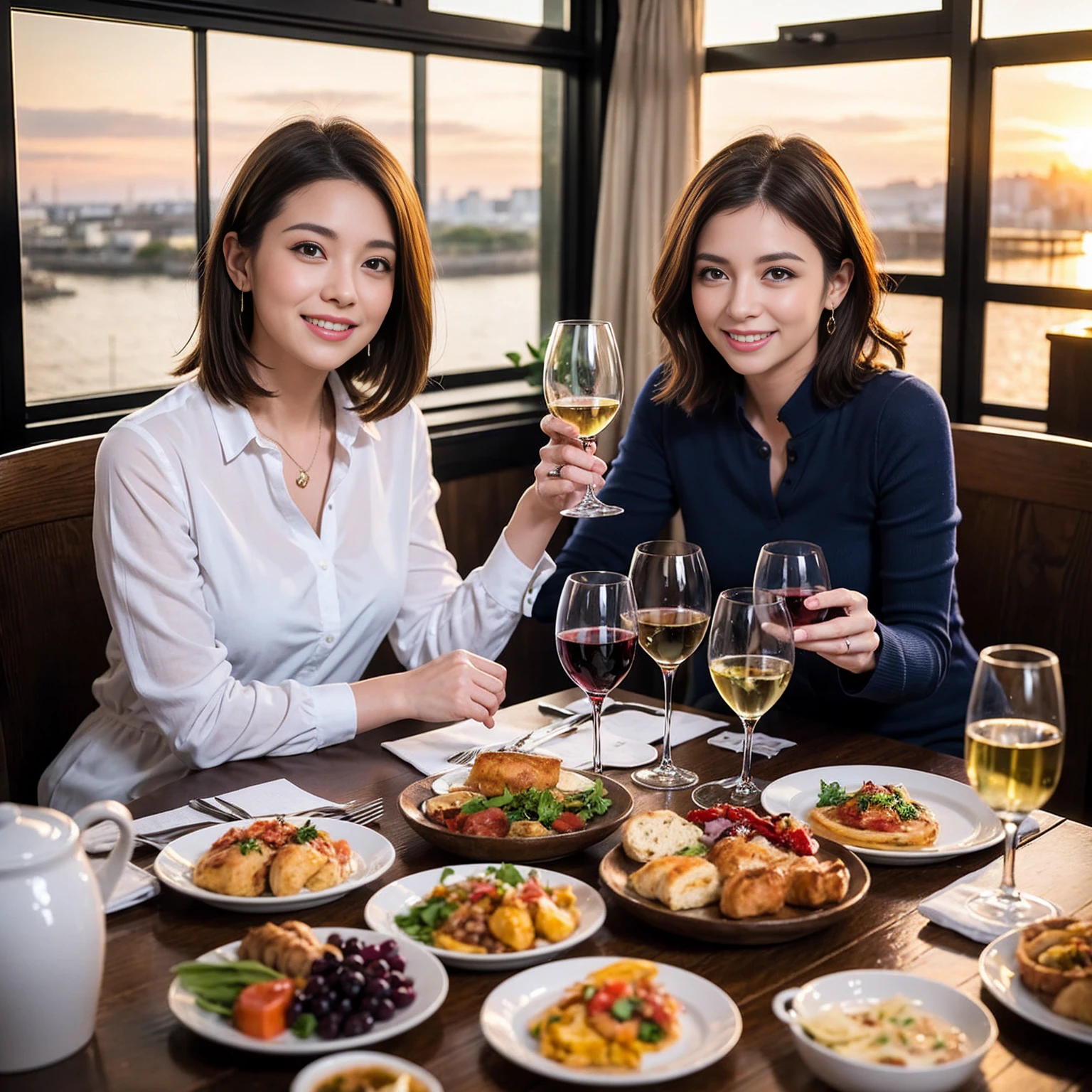 ((Highest quality、8K、masterpiece:1.3))、 (Genuineistic, Genuine、Bright image、Intricate details:1.2), 最高のsmile、1 male、1 female、Beautiful couple、spouse、fiancee、Good friends、actress couple、smile、Full-course dinner at a packed table、 (Slim face), (the body is slim), (Brown Hair), (short hair), テーブルのwine glass、Please shine a light on my face、 Amazing view of the sunset sky and clouds、 (42 years old)40 years old, red wine 、Appetizers、Wine bottle、sparkling wine、Long sleeve shirt、dress、White wine, red wine, wine glass, 