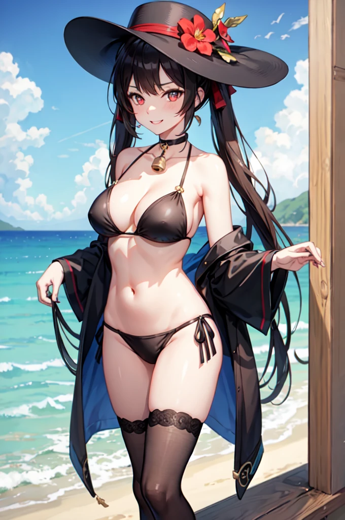 hd,8k,ultra qualty,1girl, ((solo)), hutao_genshin, standing, neck bell, flower, bare arms, very long hair, long hair, twintails, brown hair, red eyes, stomach, cleavage, choker, sidelocks, symbol-shaped pupils, smile, bikini, on stomach, ((flower-shaped pupils)), red bikini, navel, red flower, black choker, bare shoulders, hair ornament, strap slip, hair flower, thighs, day, outdoors, thigh gap, plum blossoms, bell, blush, looking at viewer, ((sky)), blue sky, (beach), sea, sand, ((black headwear)), black hat, black chinese hat,