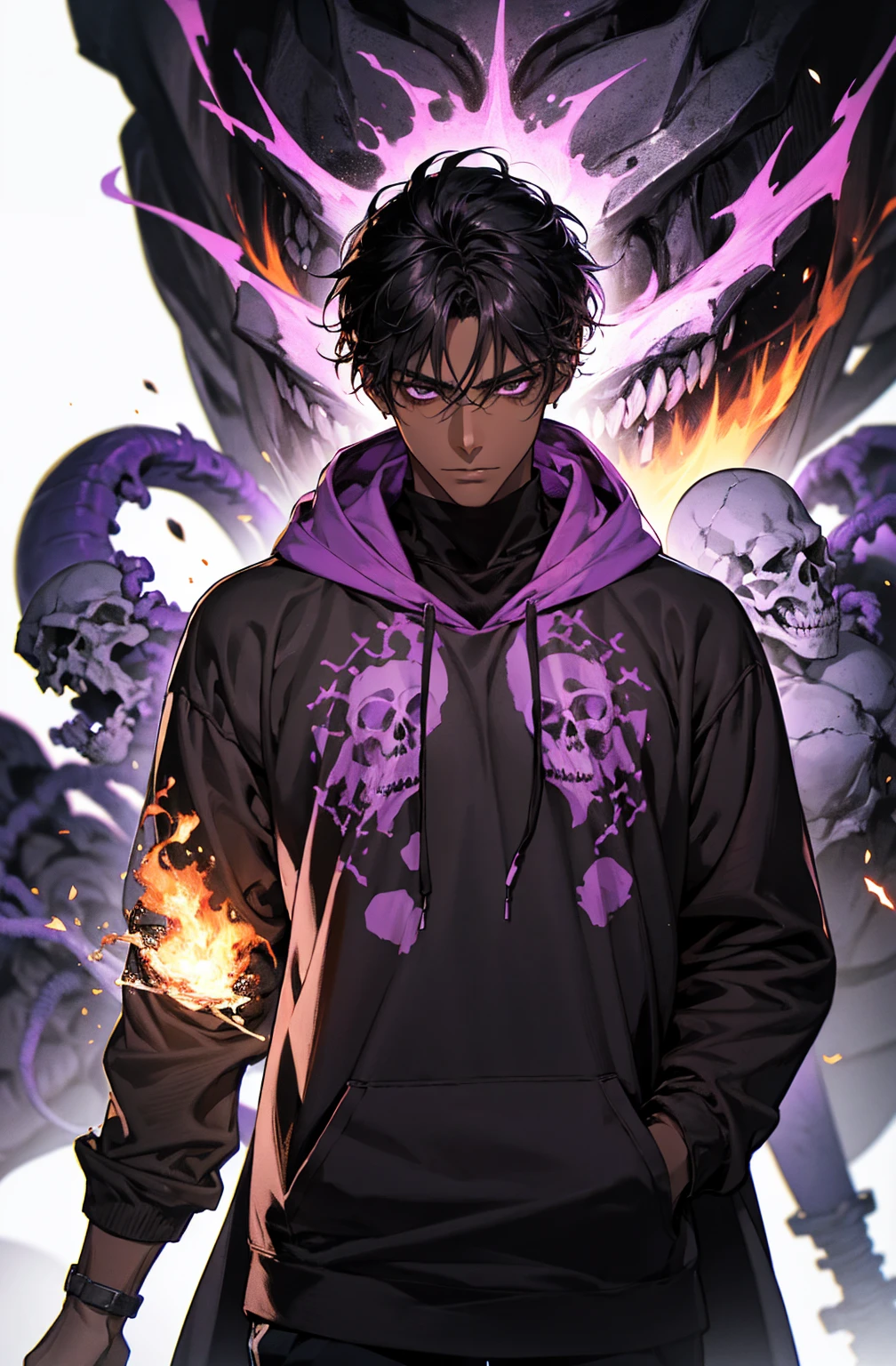 male with bones, looking away from camera, skulls, bones, handsome, black, dark skin, tall, broad shoulders, black hair, purple, purple fire, magic, detailed face, fantasy, hoodie