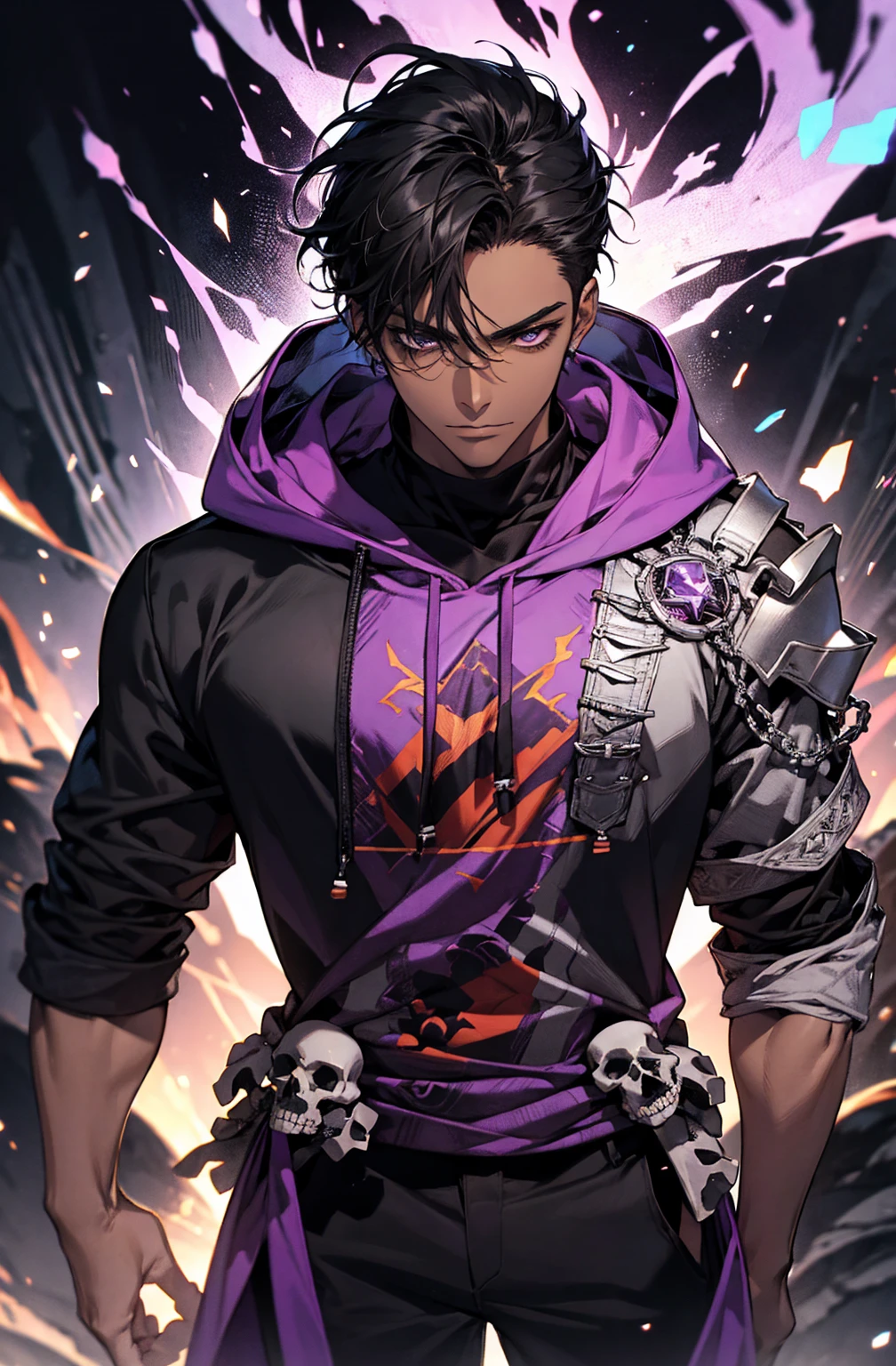 male with bones, looking away from camera, skulls, bones, handsome, black, dark skin, tall, broad shoulders, black hair, purple, purple fire, magic, detailed face, fantasy, hoodie