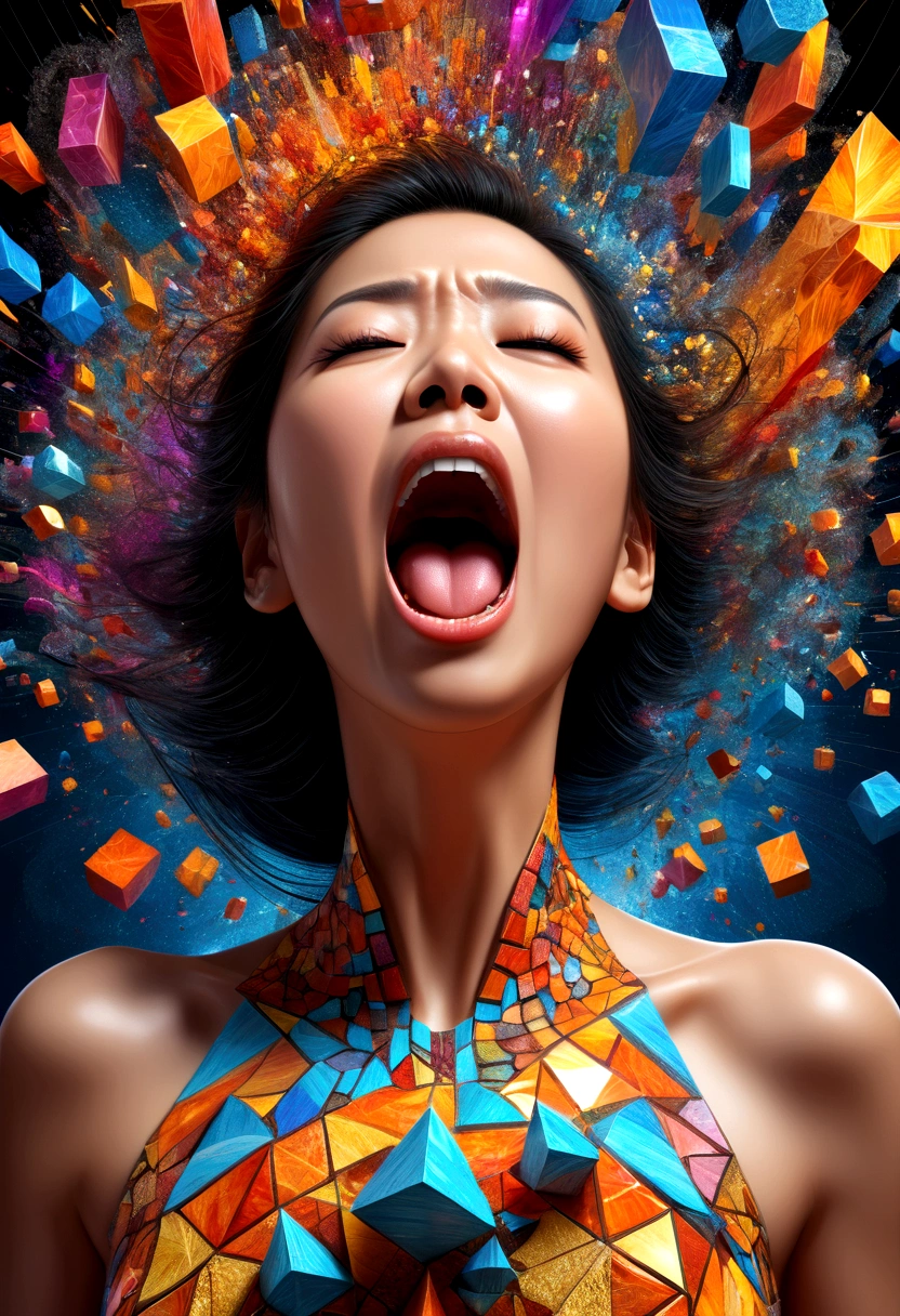 Digital 3d Thai woman's face with mouth wide open screaming in pain.,Explosion of body parts into 3D cubes , Mosaic art, masterpiece, bright colors, , Highly detailed, , fractal art, , 8K, geometric concept art, sharp line
