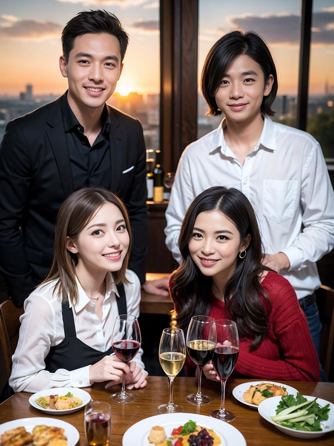 ((Highest quality、8K、masterpiece:1.3))、 (Genuineistic, Genuine、Bright image、Intricate details:1.2), 最高のsmile、1 male 1 female、Beautiful couple、Lovey-dovey lovers、fiancee、Good friends、actress couple、smile、Full-course dinner at a packed table、 (Slim face), (the body is slim), (Brown Hair), (short hair), テーブルのwine glass、Please shine a light on my face、 Amazing view of the sunset sky and clouds、42 years old 39 years old, red wine 、Appetizers、Wine bottle、sparkling wine、Long sleeve shirt、dress、White wine, red wine, wine glass,