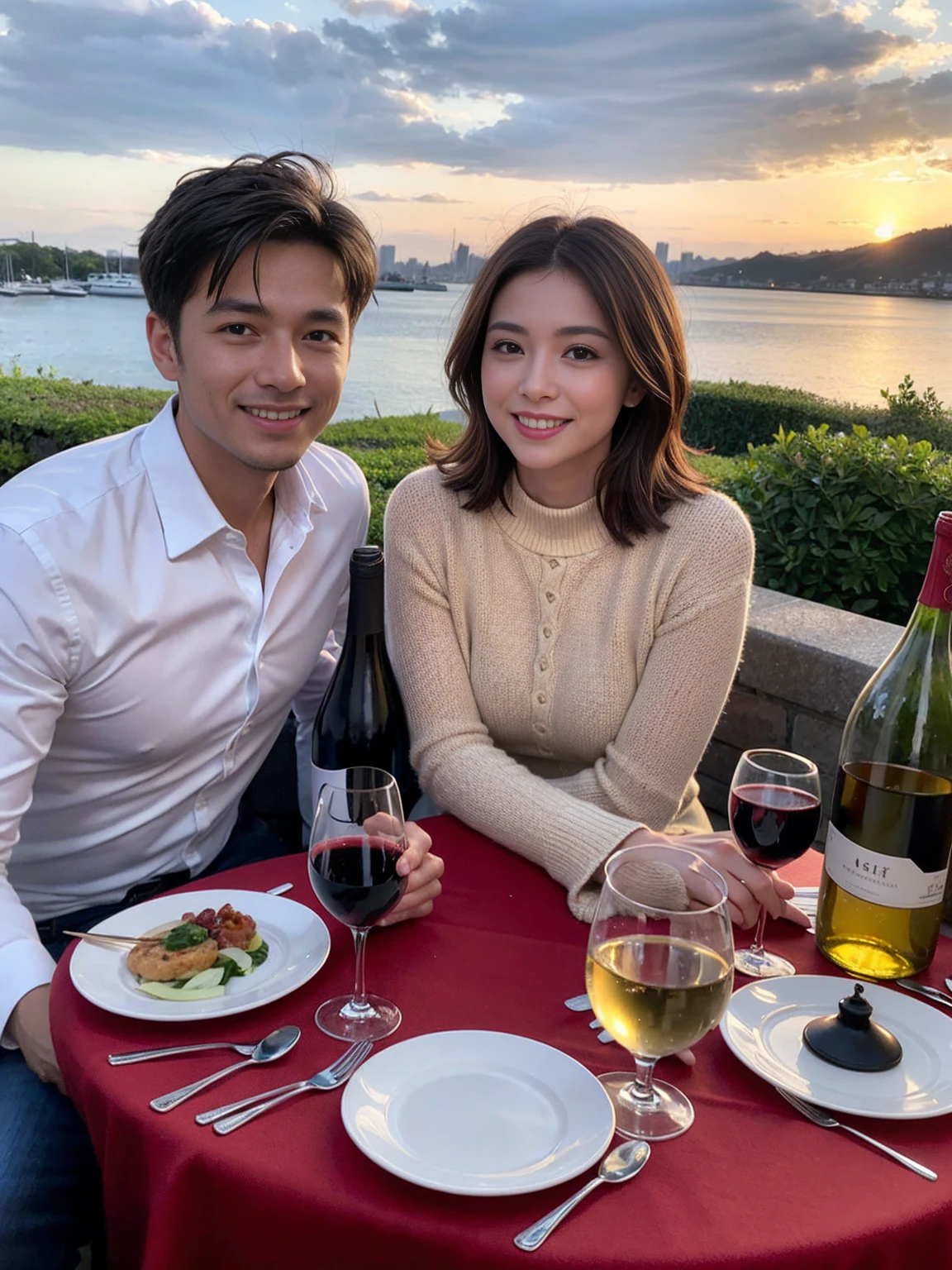 ((Highest quality、8K、masterpiece:1.3))、 (Genuineistic, Genuine、Bright image、Intricate details:1.2), 最高のsmile、1 male 1 female、Beautiful couple、Lovey-dovey lovers、fiancee、Good friends、actress couple、smile、Full-course dinner at a packed table、 (Slim face), (the body is slim), (Brown Hair), (short hair), テーブルのwine glass、Please shine a light on my face、 Amazing view of the sunset sky and clouds、42 years old 39 years old, red wine 、Appetizers、Wine bottle、sparkling wine、Long sleeve shirt、dress、White wine, red wine, wine glass, 