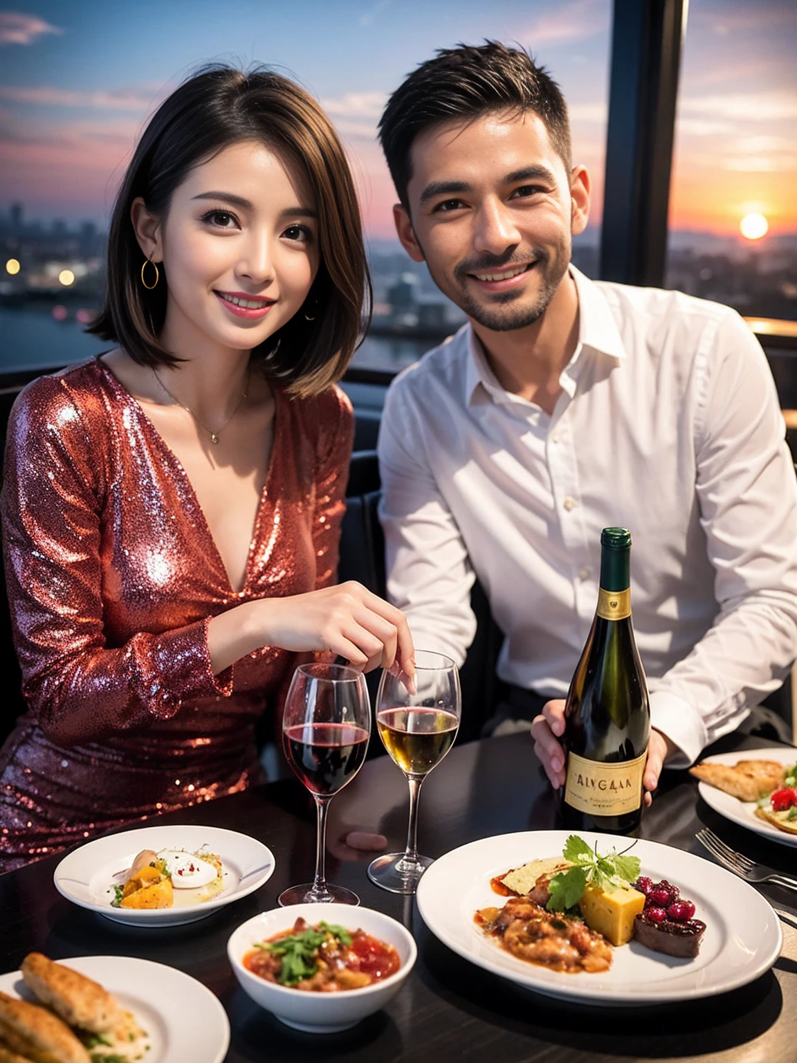((Highest quality、8K、masterpiece:1.3))、 (Genuineistic, Genuine、Bright image、Intricate details:1.2), 最高のsmile、1 male 1 female、Beautiful couple、Lovey-dovey lovers、fiancee、Good friends、actress couple、smile、Full-course dinner at a packed table、 (Slim face), (the body is slim), (Brown Hair), (short hair), テーブルのwine glass、Please shine a light on my face、 Amazing view of the sunset sky and clouds、42 years old 39 years old, red wine 、Appetizers、Wine bottle、sparkling wine、Long sleeve shirt、dress、White wine, red wine, wine glass,