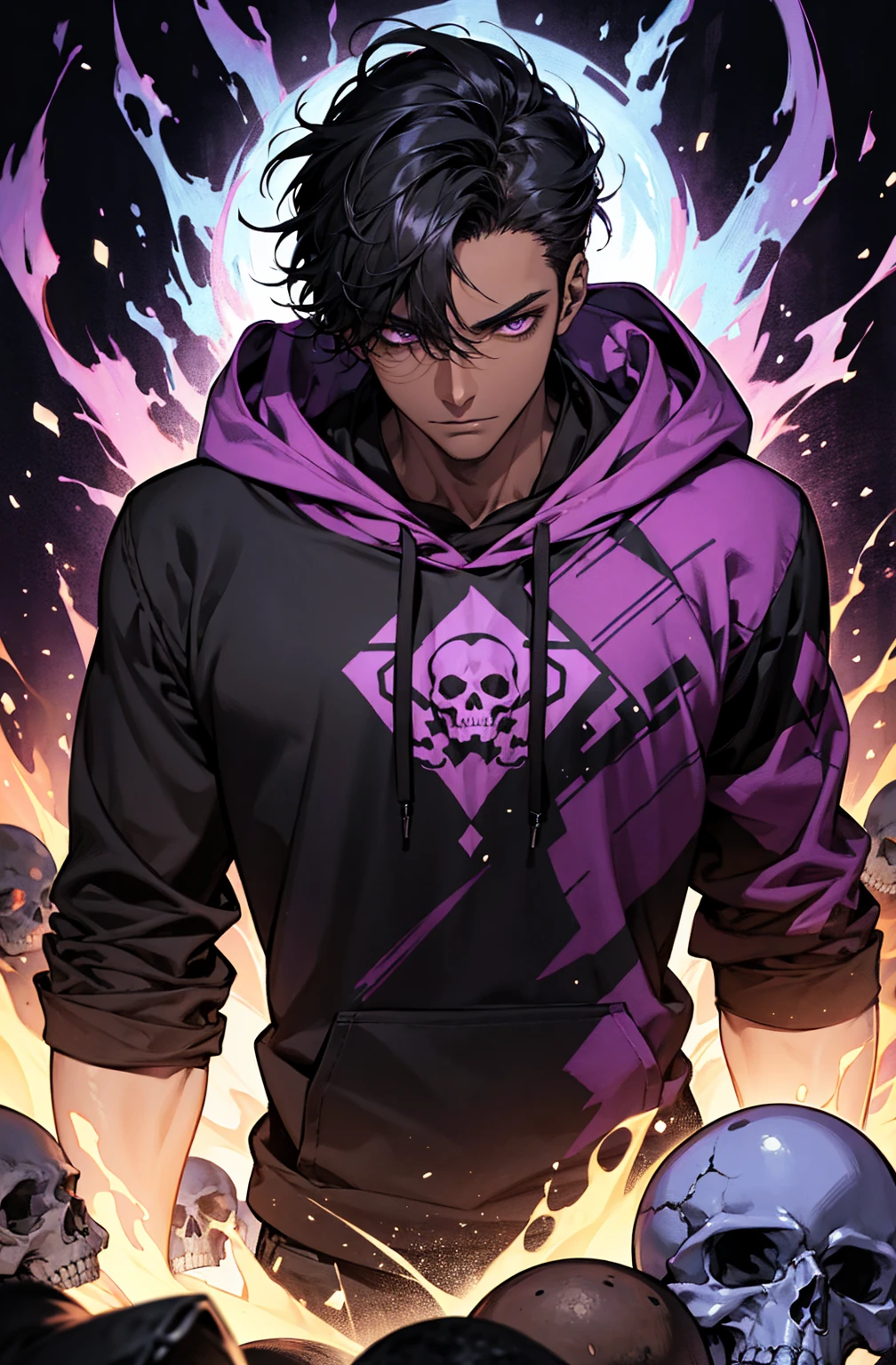 male with bones, looking away from camera, skulls, bones, handsome, black, dark skin, tall, broad shoulders, black hair, purple, purple fire, magic, detailed face, fantasy, hoodie
