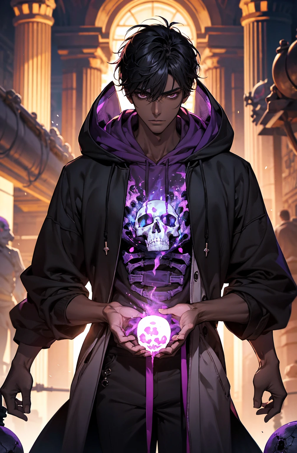 male with bones, looking away from camera, skulls, bones, handsome, black, dark skin, tall, broad shoulders, black hair, purple, purple fire, magic, detailed face, fantasy, hoodie